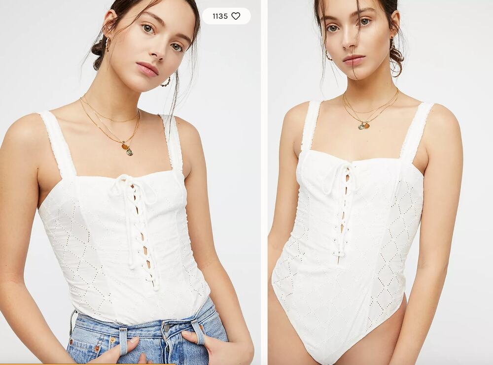 Free People Intimately White Make Up Fixed Strap Lace-Up Cotton Thong Bodysuit S